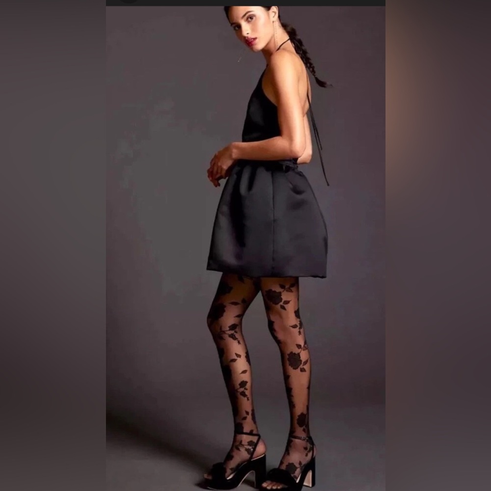 ANTHROPOLOGIE DELFI COLLECTIVE HALTER MINI BUBBLE DRESS LBD BLACK SATIN XS